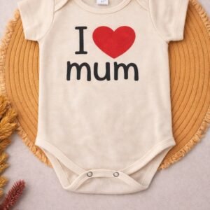 “I Love Mum” Premium Soft Cotton Baby Bodysuit – Short Sleeve Newborn Onesie Cream/Off-White