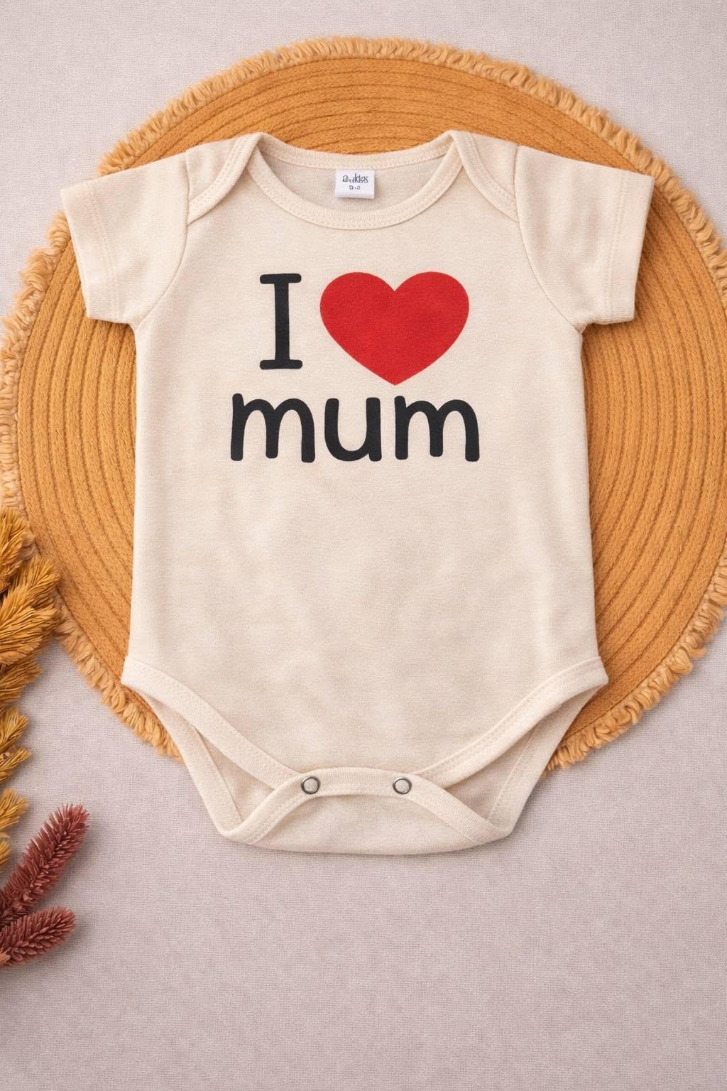 "I Love Mum" Premium Soft Cotton Baby Bodysuit – Short Sleeve Newborn Onesie Cream/Off-White