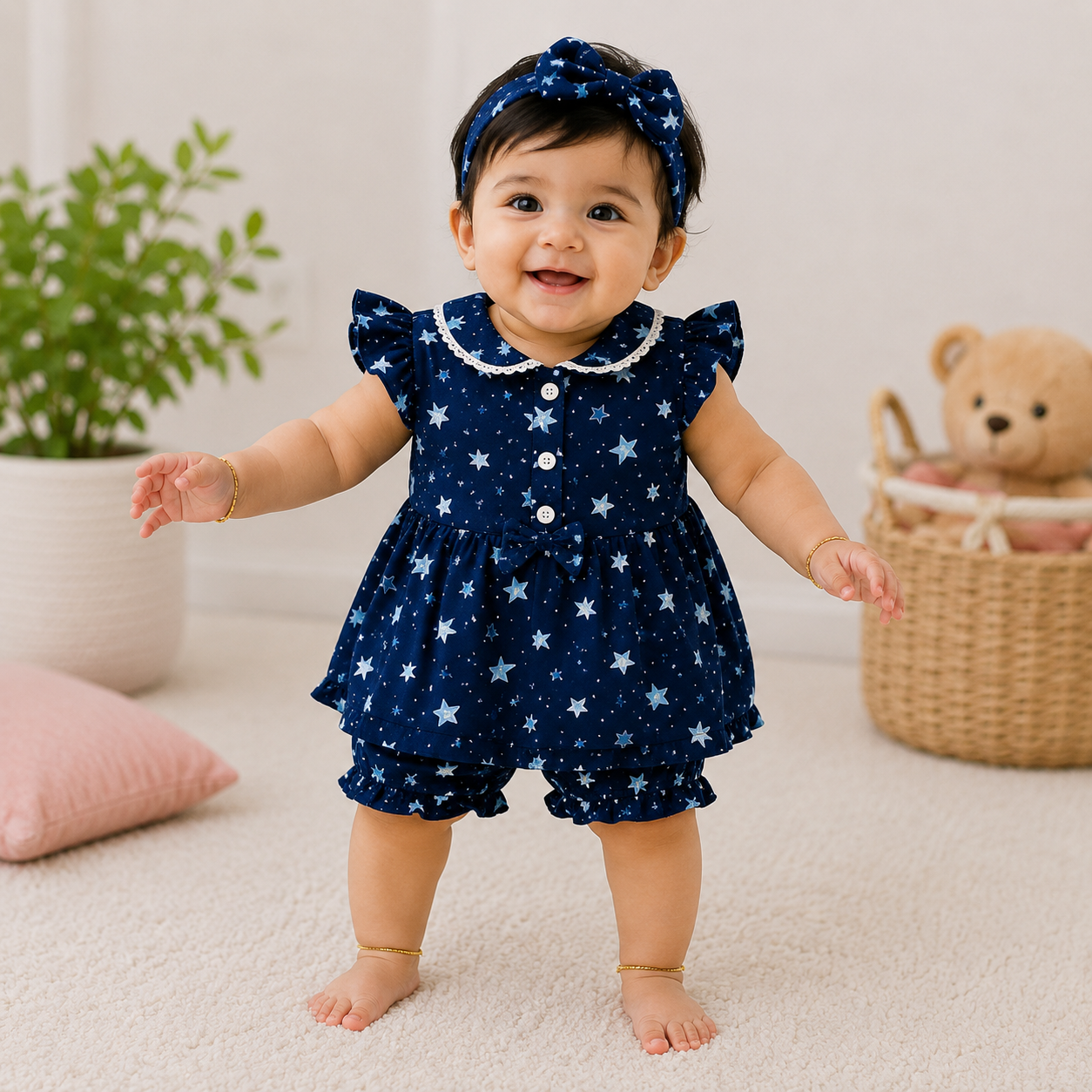Star Print Baby Girl Summer Co-Ord Set – Navy Blue