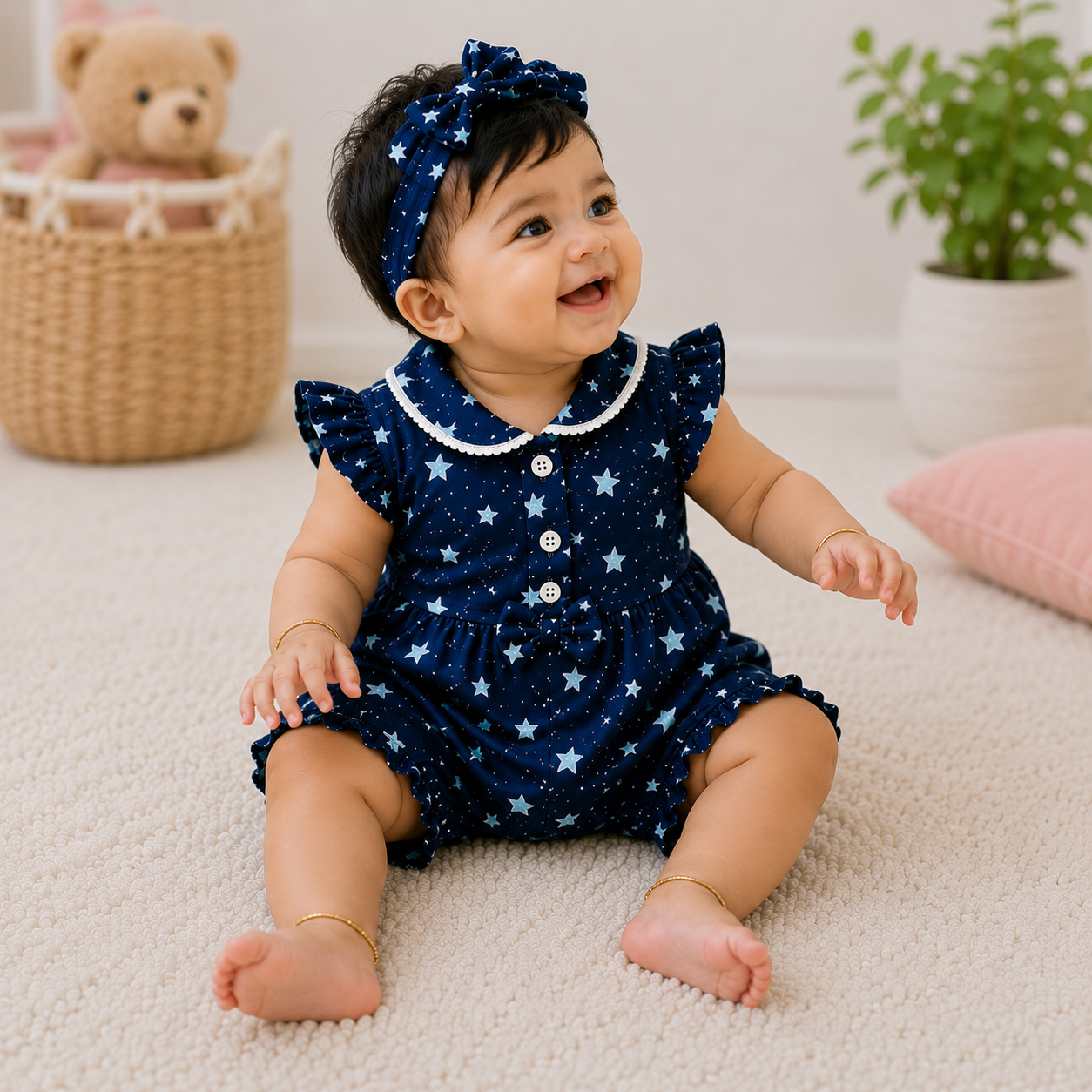 Star Print Baby Girl Summer Co-Ord Set – Navy Blue