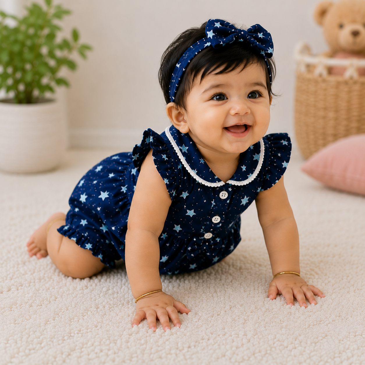 Star Print Baby Girl Summer Co-Ord Set – Navy Blue