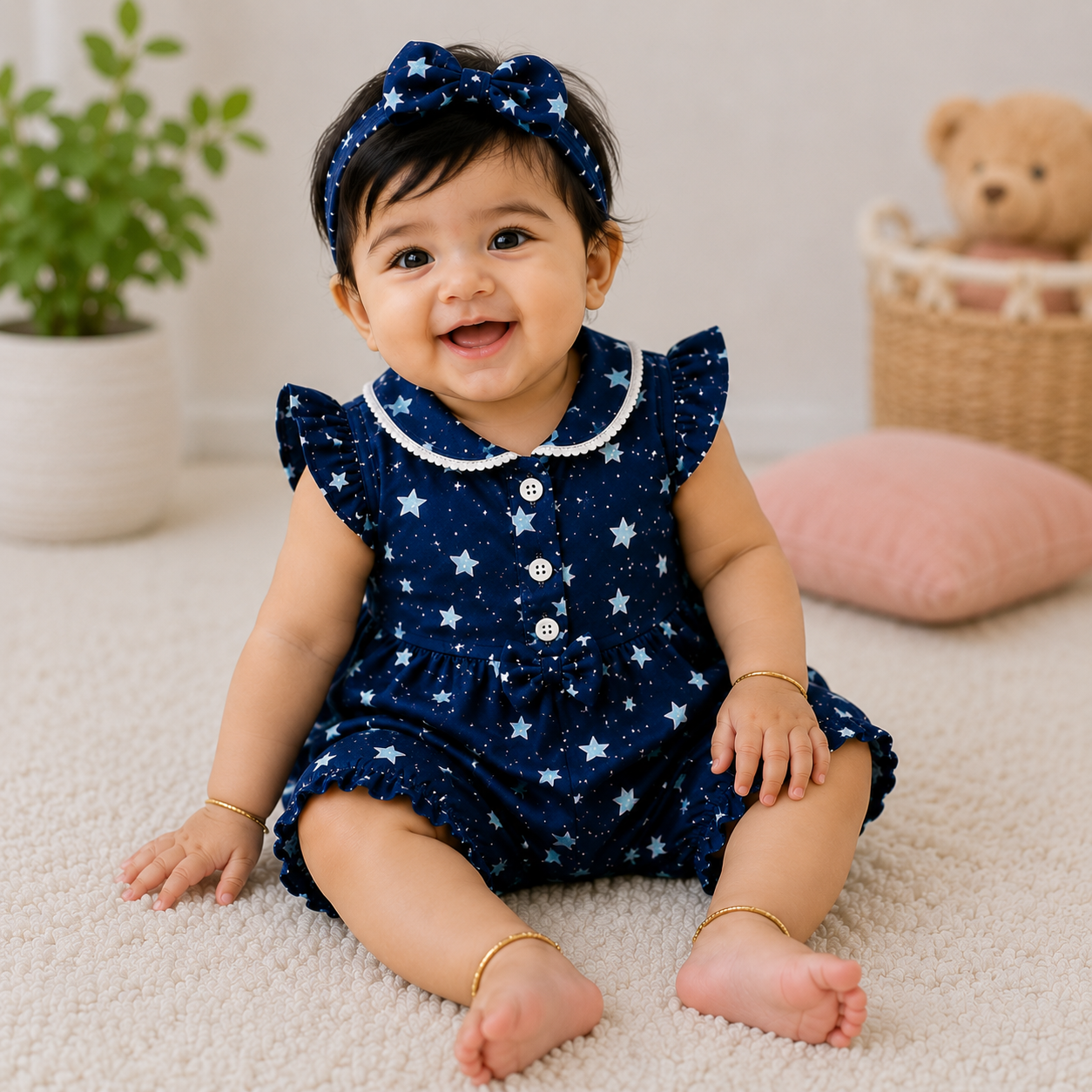 Star Print Baby Girl Summer Co-Ord Set – Navy Blue