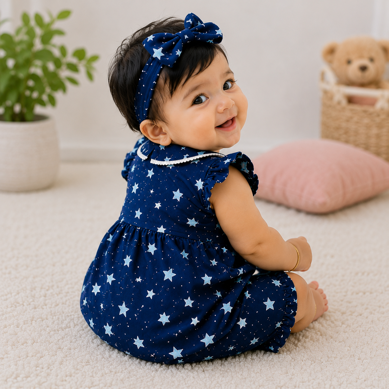 Star Print Baby Girl Summer Co-Ord Set – Navy Blue