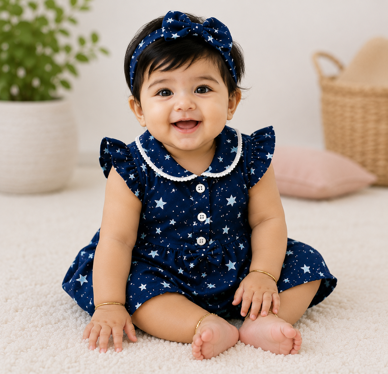 Star Print Baby Girl Summer Co-Ord Set – Navy Blue